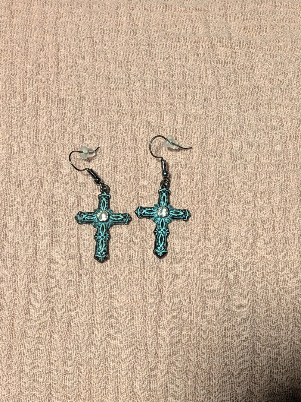 Turquoise Cross Drop Earrings with Rhinestone Accent - Women Jewelry